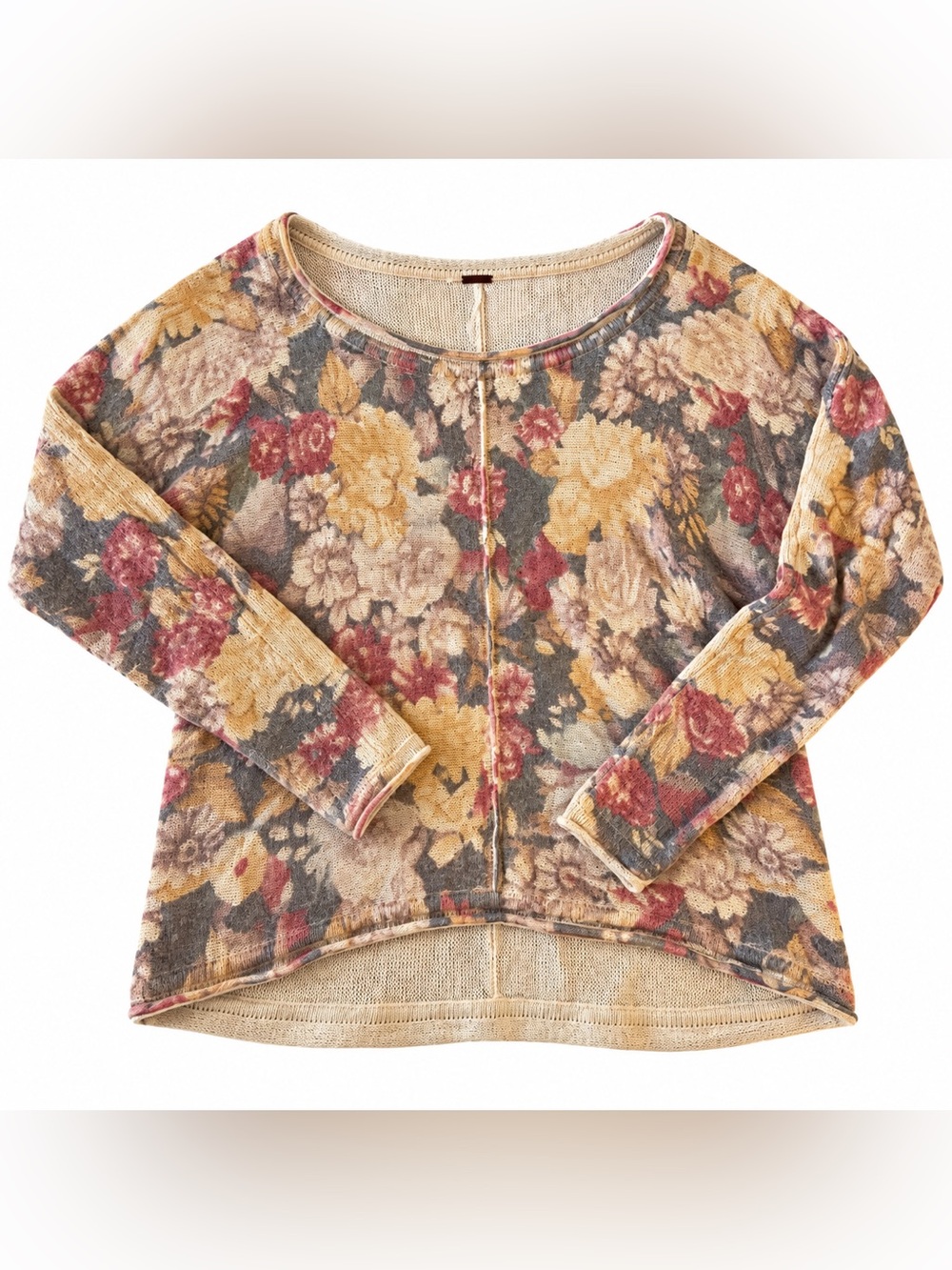 Free People XS Floral Knit Pullover Sweater Boho Exposed Seam High Low Hem
